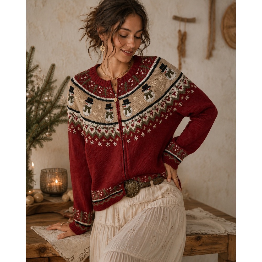 Croft & Barrow Womens Red Snowman Fair Isle Zip Up Cardigan Sweater Small‎